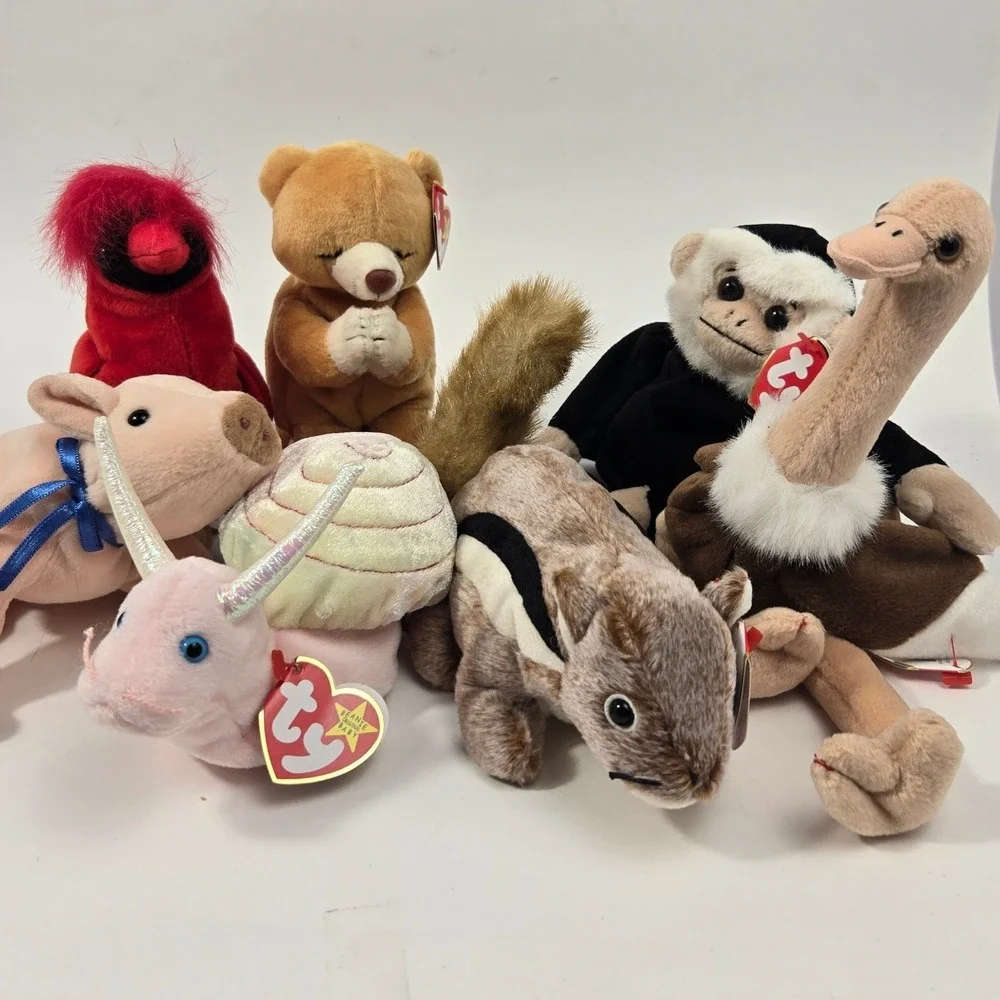 Ty Beanie Babies Lot Swirly Snail Stretch Ostrich Nuts Squirrel Mac Monkey Hope